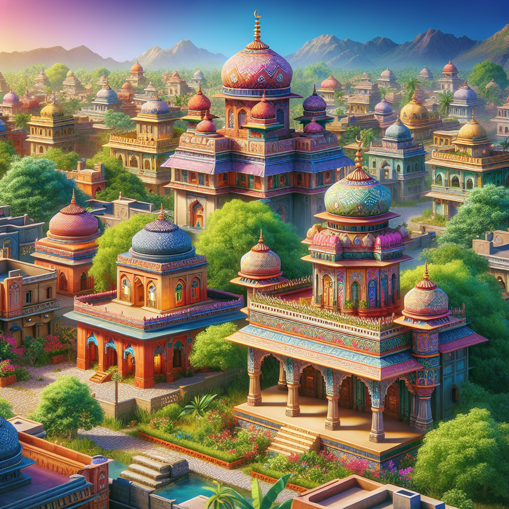 A vibrant Indian landscape with traditional architecture